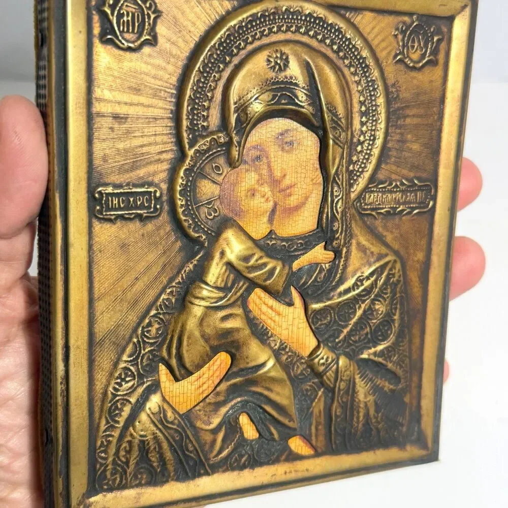Vintage Virgin of Vladimir Metal Oklad Icon Plaque Wall Hanging